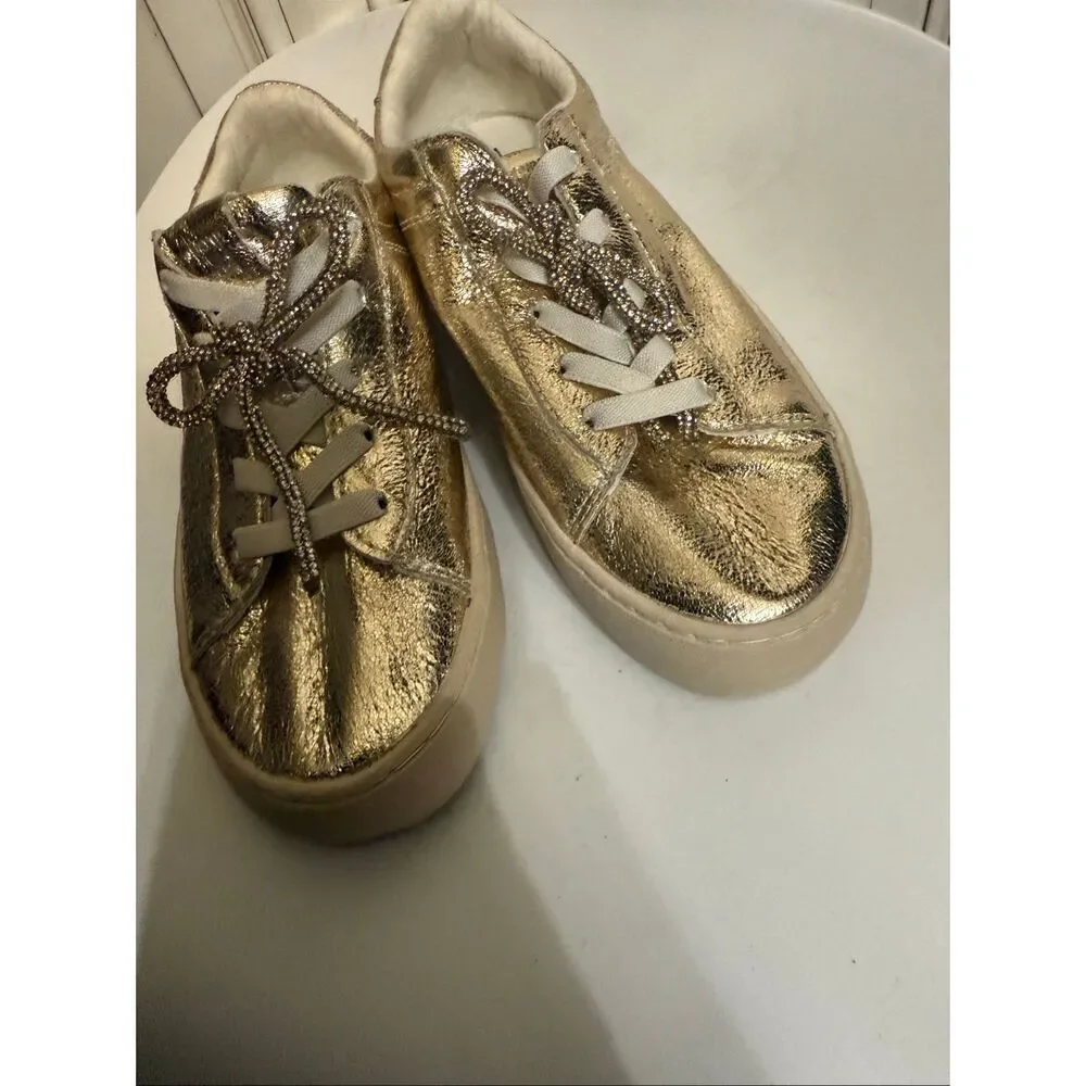 Zara Women's Lace Up Low Top Metallic Bow Faux Leather Sneakers Gold Sz 37 NWOT